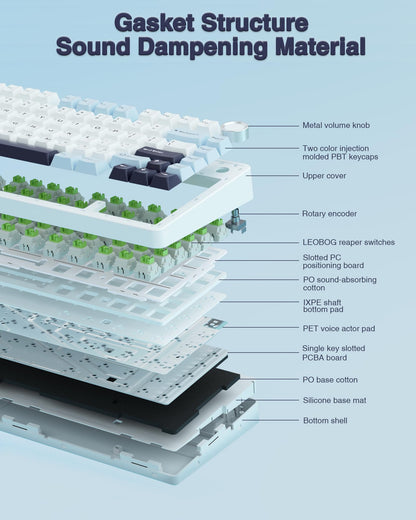 AULA F75 Wireless Mechanical Keyboard, Hot Swappable, RGB Backlit, Glacial Blue, 2.4GHz/Type-C/BT5.0