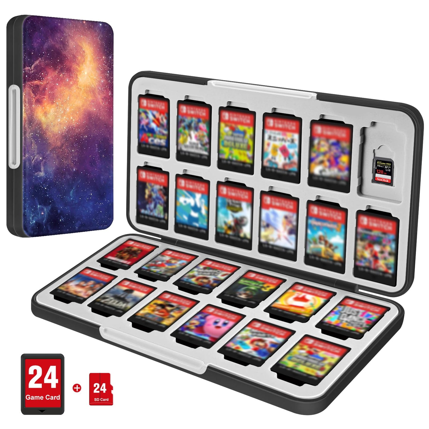 CaseBot Game Card Case for Nintendo Switch 2  Switch OLED/Lite  [Shockproof] Hard Shell 24 Game Holder refill unit & 24 sections Micro SD Card Storage Holder Box  Slim and Portable  Galaxy
