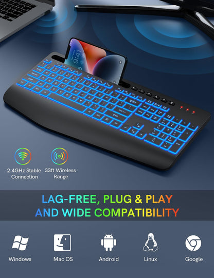 Trueque Wireless Ergonomic Keyboard - Rechargeable with 7 Backlit Colors, Silent Keys, Phone Holder, Black