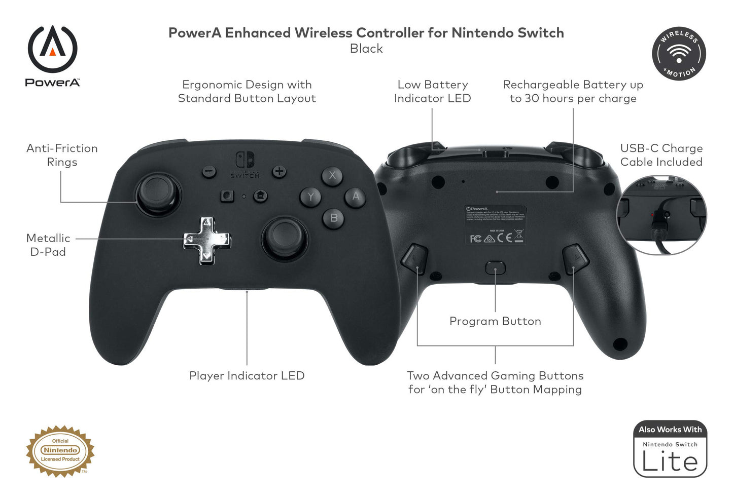 PowerA Enhanced Wireless Nintendo Switch Controller - Rechargeable, Black, Immersive Motion Control, Advanced Gaming Buttons