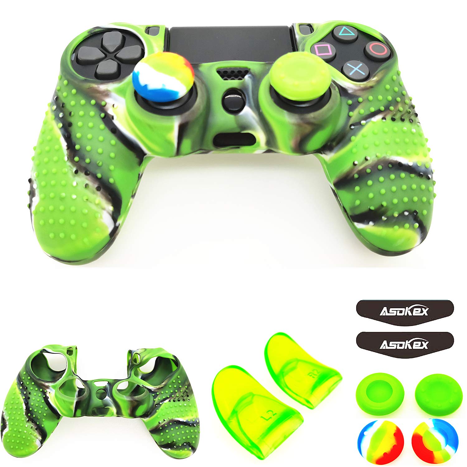 Silicone Skin Cover for Ps4 Controller (1pc Anti-Slip Case  1 Pair L2 R2 Trigger Extender  4pcs Thumb Grips 4pcs LED Light Bar Decal) Protector for DualShock PS4/ Slim/Pro Controller (Green granular)