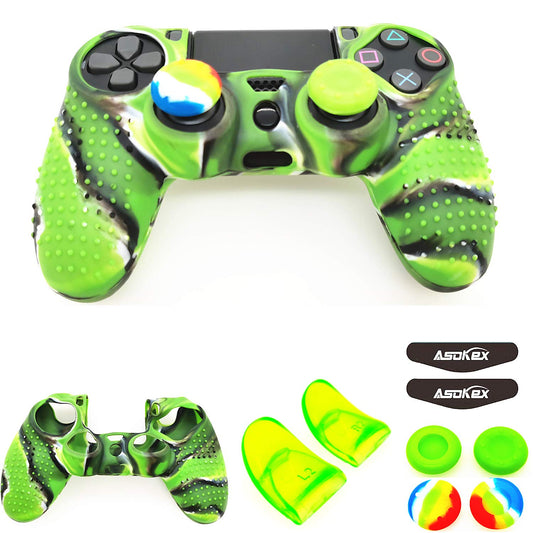 Silicone Skin Cover for Ps4 Controller (1pc Anti-Slip Case  1 Pair L2 R2 Trigger Extender  4pcs Thumb Grips 4pcs LED Light Bar Decal) Protector for DualShock PS4/ Slim/Pro Controller (Green granular)