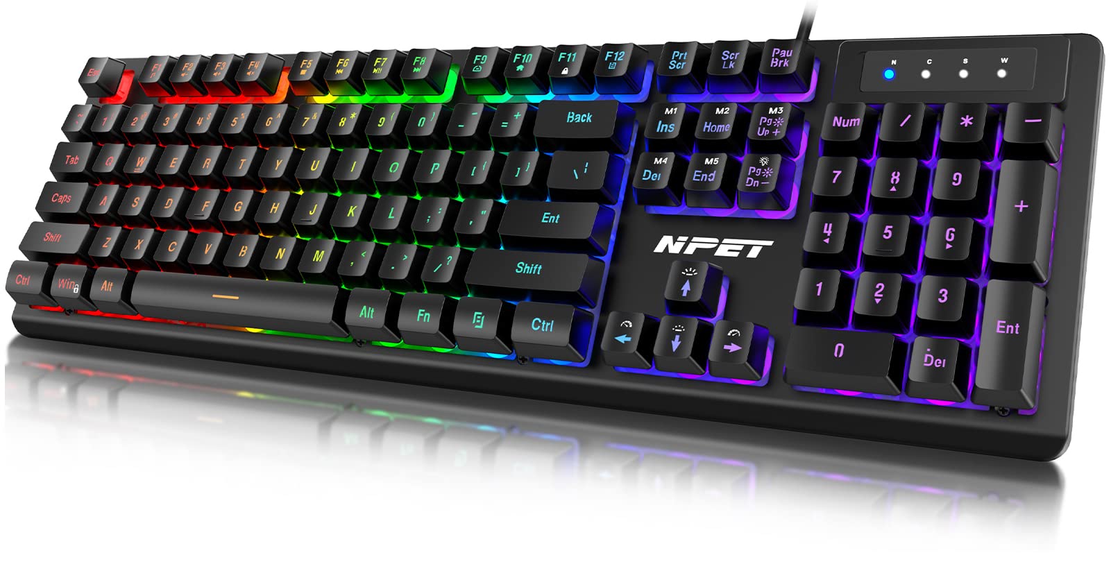 NPET K10 Wired Gaming Keyboard, LED Backlit, Spill-Resistant, Multimedia Keys, RGB 104 Keys, Black