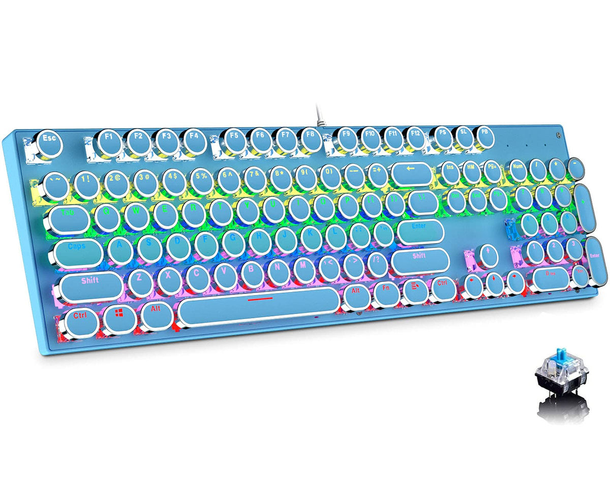 Ltvystore Typewriter Style Mechanical Gaming Keyboard  Blue Retro Punk Gaming Keyboard with 9 True RGB Backlight Modes  104 Keys Blue Switch Wired Cute Keyboard  Round Keycaps for Windows/Mac/PC