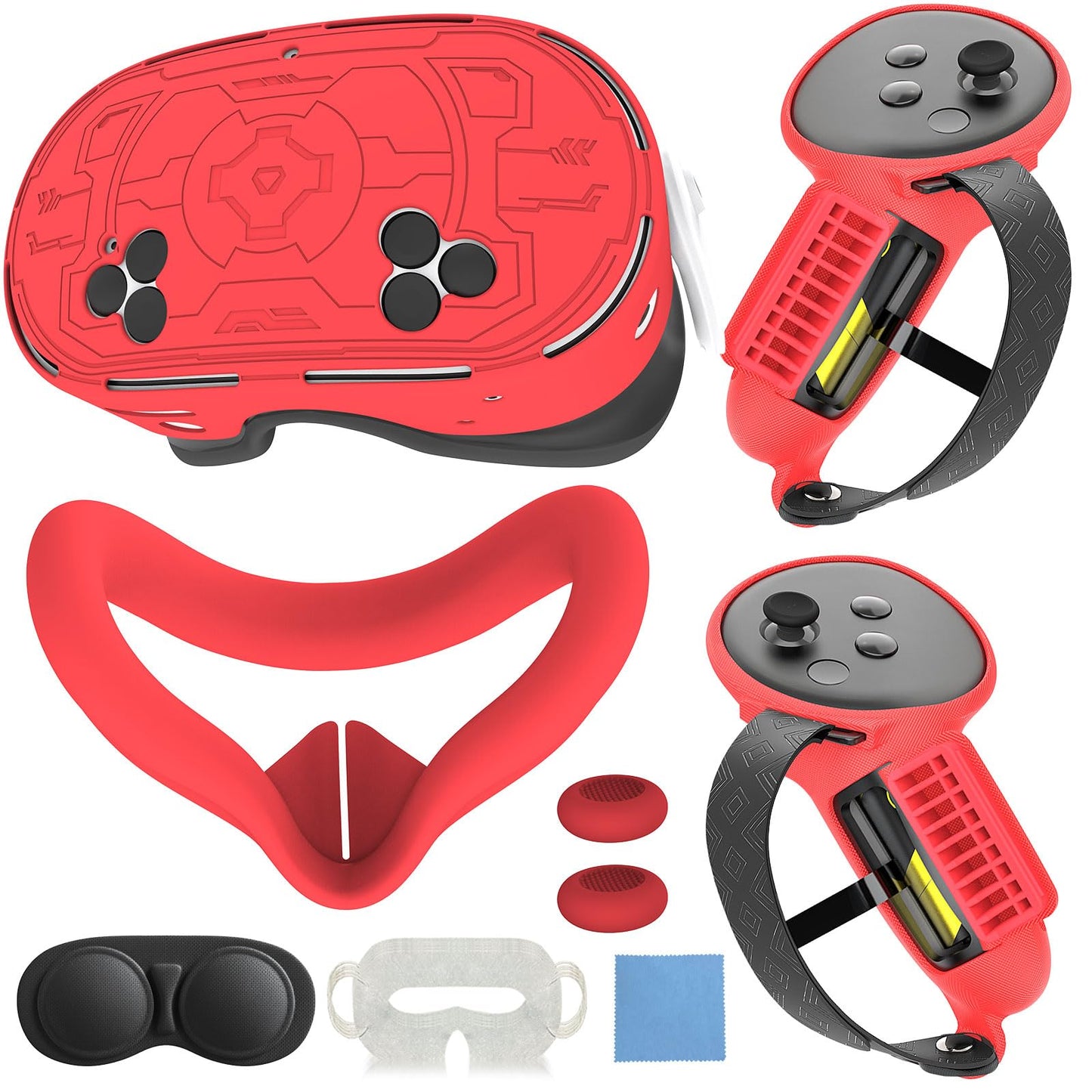 7-in-1 Protective Silicone Cover Set Compatible with Meta Quest 3s Accessories  Included Upgrade Battery Opening Controller Grips  Silicone Face Cover and TPU Hard Shell Cover_(TPU-Red)