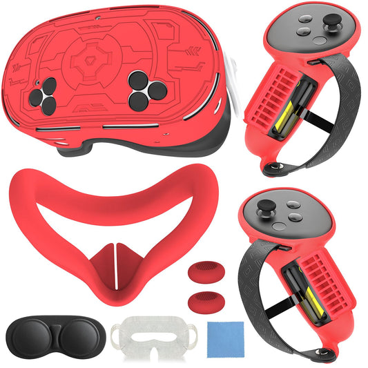 7-in-1 Protective Silicone Cover Set Compatible with Meta Quest 3s Accessories  Included Upgrade Battery Opening Controller Grips  Silicone Face Cover and TPU Hard Shell Cover_(TPU-Red)