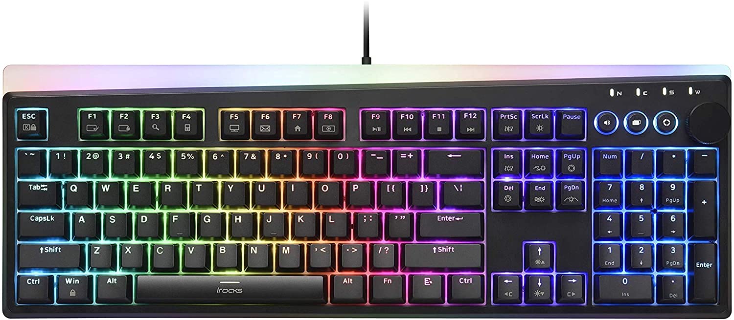 i-rocks K71M RGB Mechanical Gaming Keyboard with Media Control Knob  Switches (Brown)  107 Keys w/Full NKRO  PBT Keycaps  Multimedia Hotkeys  Detachable USB-C Cable and Onboard Storage  Black