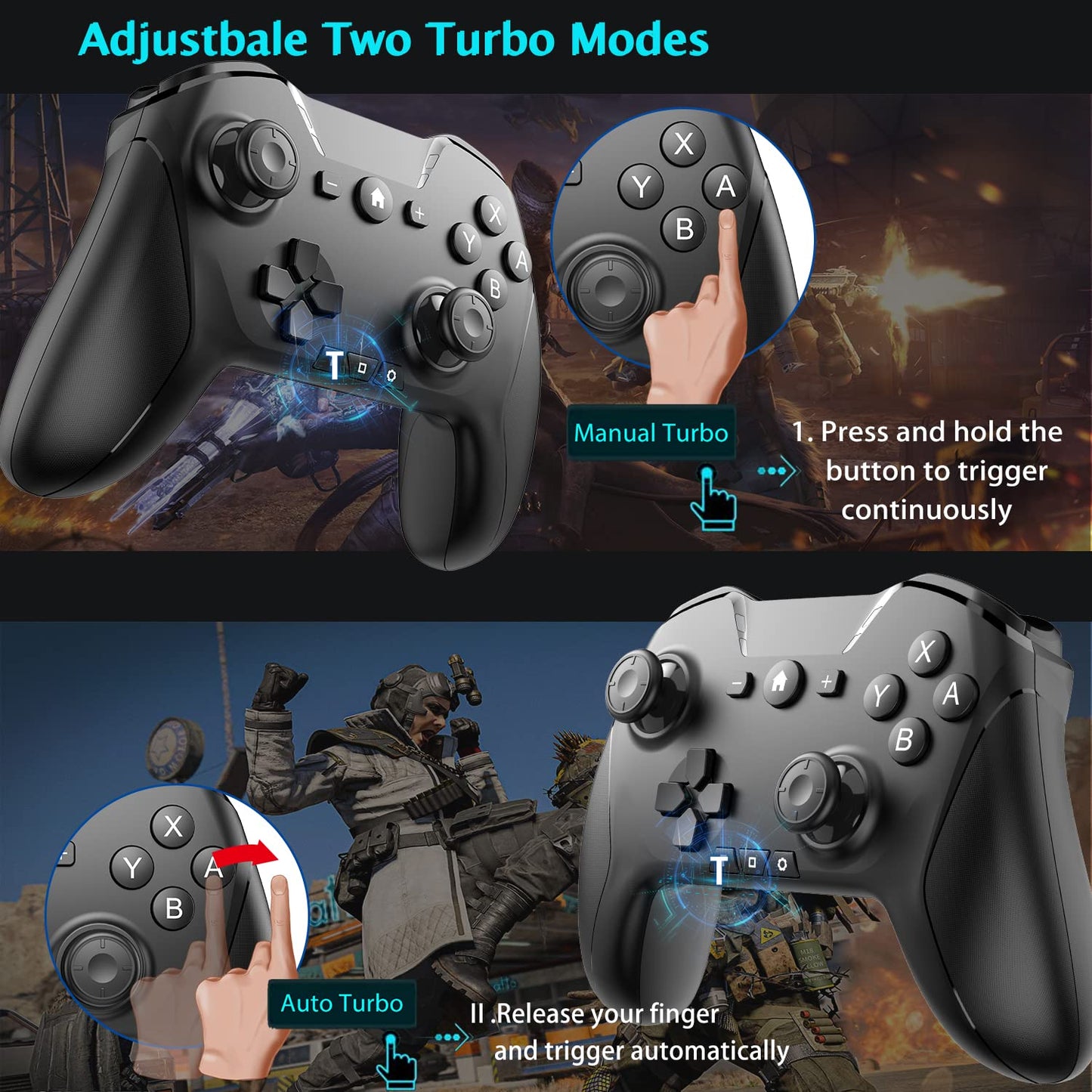 UNIHOW Bluetooth Wireless Game Controller for Switch/PC/Phone - Black with Clip, Custom Buttons, Turbo, 15H Playtime