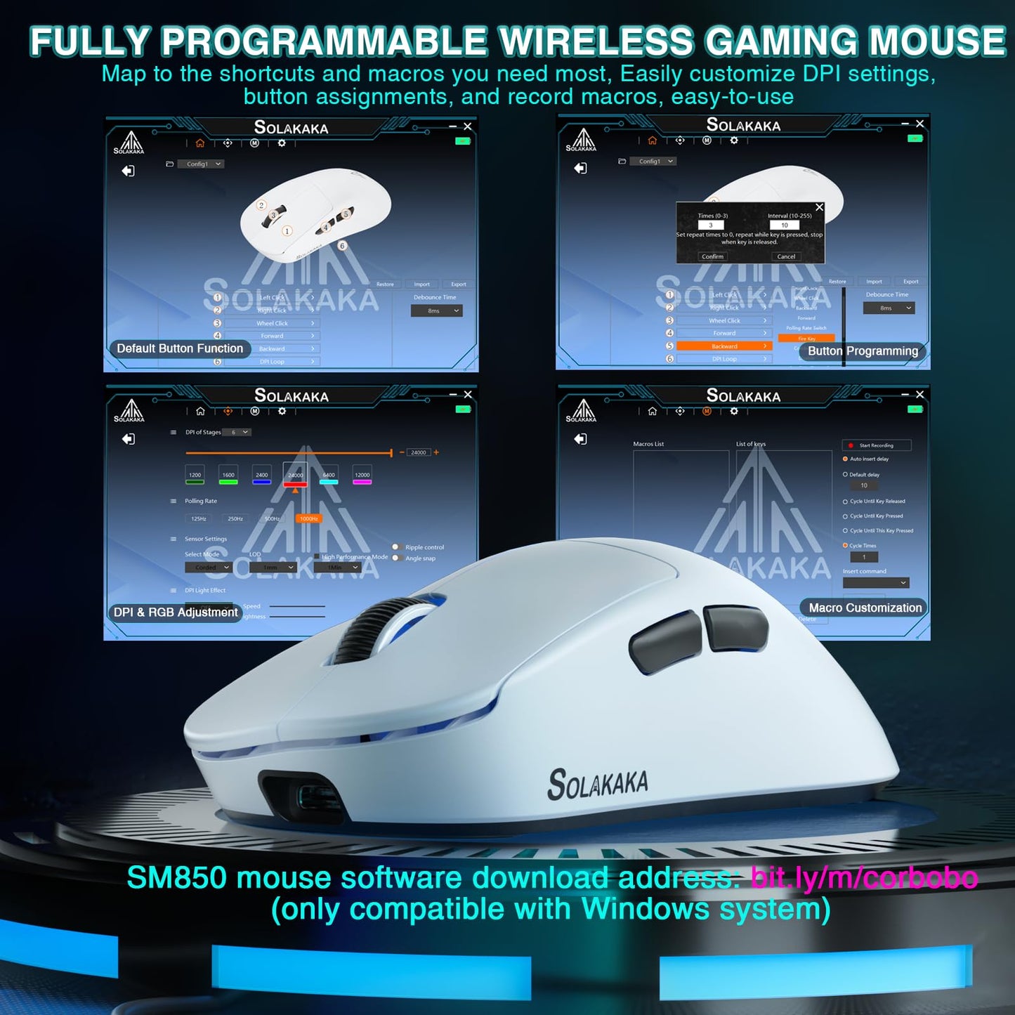 CORBOBO Wireless Gaming Mouse SM850 - 24000 DPI, Ergonomic, Lightweight, White, BT5.1/2.4G/Wired for PC, Mac, Linux