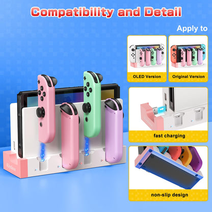 Klipdasse Charging Dock for Nintendo Switch & OLED, Pink-White, Charges 4 Joy-con Handles, Includes Indicator Light
