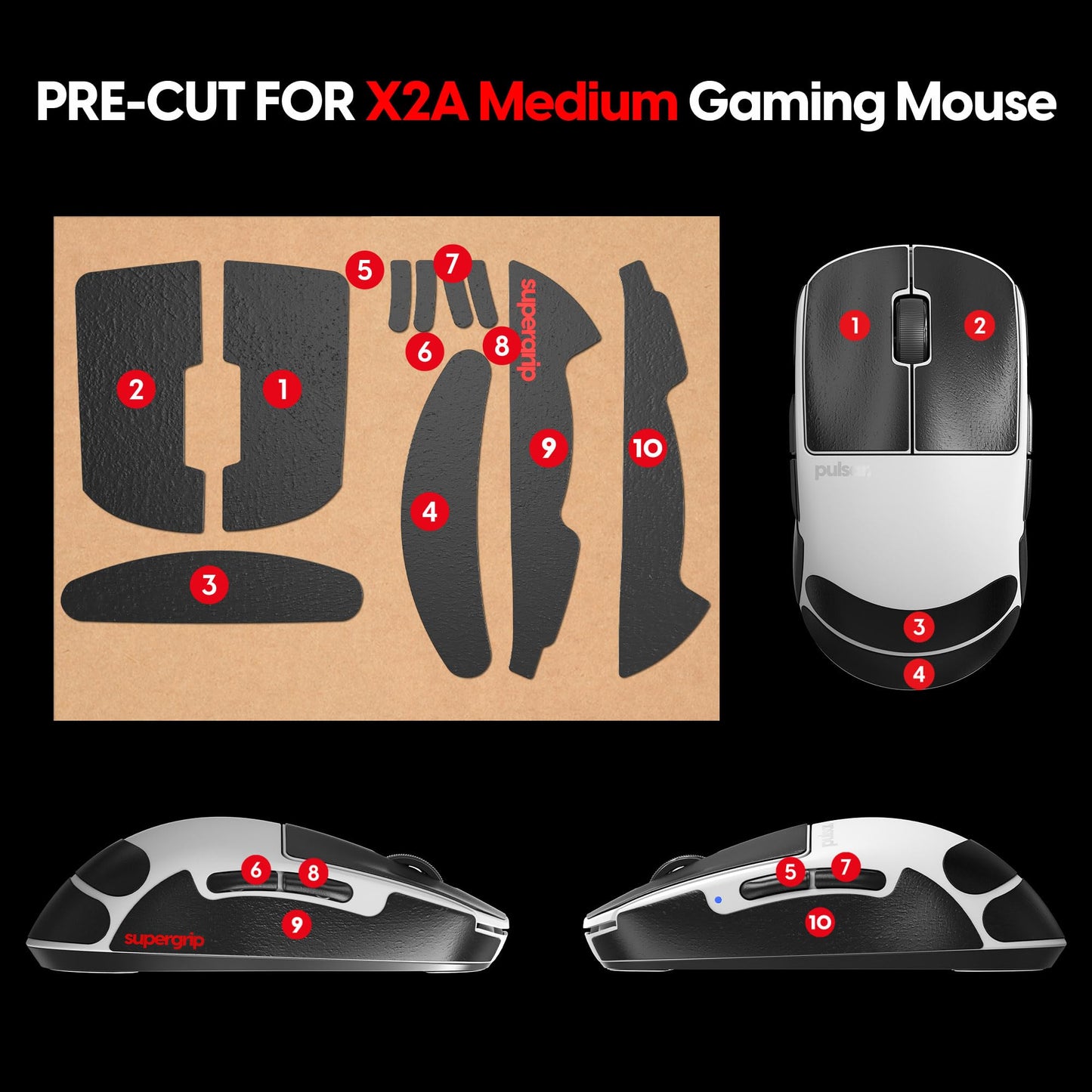 Pulsar Gaming Gears SUPERGRIP Griptape Set, Medium, Black, Anti-Slip, 3M Adhesive, Ultra-Thin 0.5mm for X2A Mouse