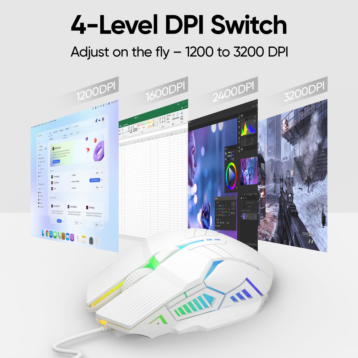 MELOGAGA Wired Gaming Mouse - Lightweight USB Optical, 7-Color RGB, 4 Adjustable DPI, Ergonomic Design, Model S800, White