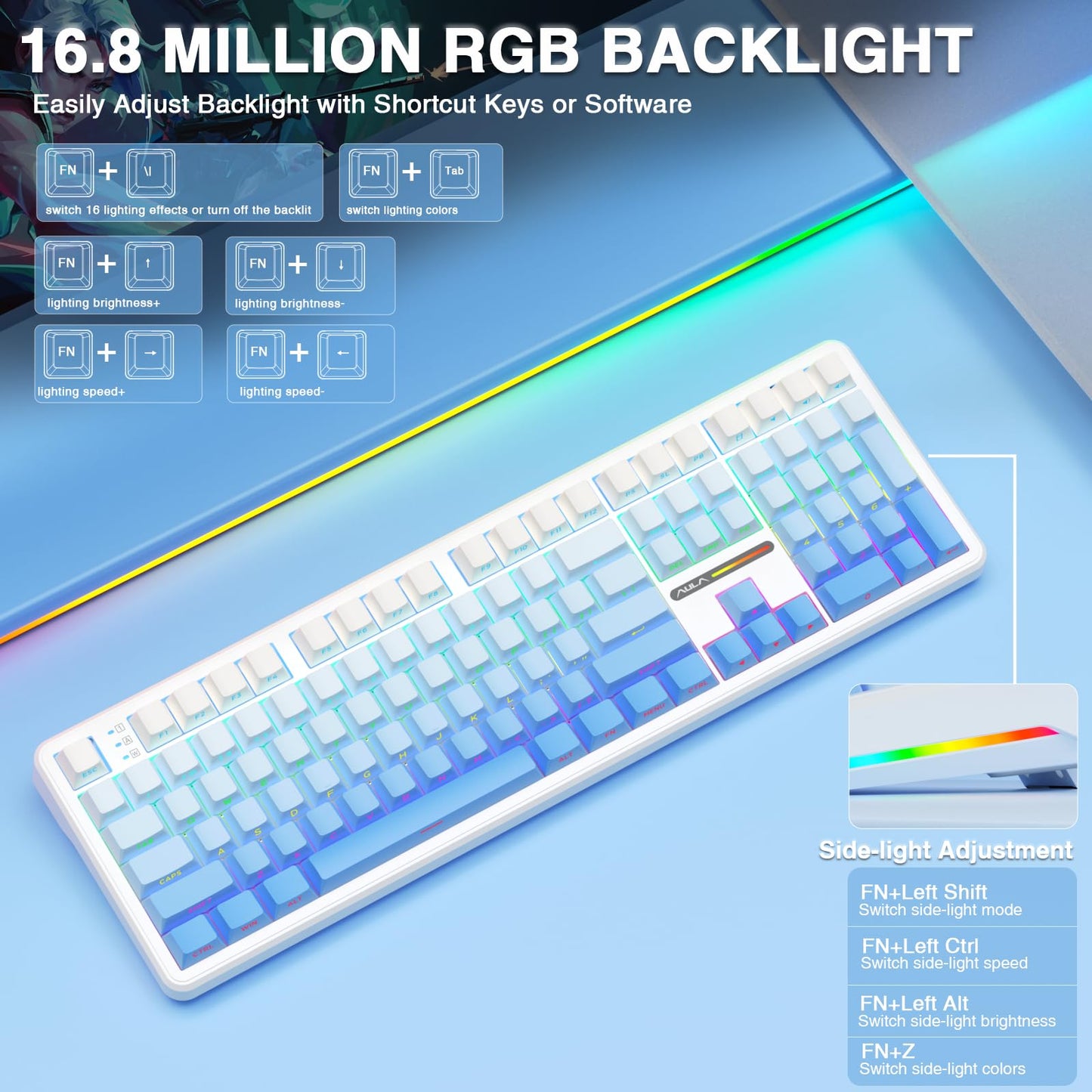 AULA F108 Wireless Mechanical Keyboard - Hot Swappable, RGB Backlit, 108 Keys, BT5.0/USB-C/2.4GHz, No Knob-Gradient Blue