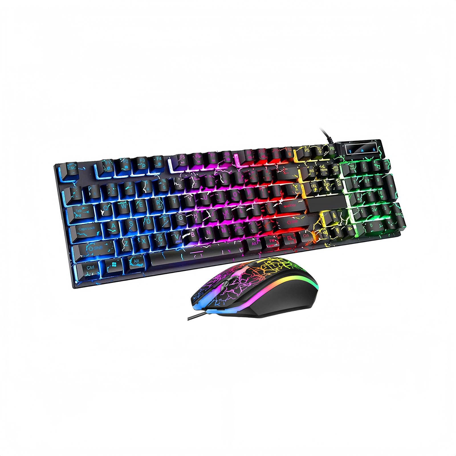 Wired Crack Game Keyboard and Mouse Set with Mechanical Feel  Illuminated Letter Perforated Rainbow LED Mouse and Keyboard 104 Keys Numeric Keypad  LED Indicators  for Office Gaming