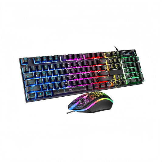 Wired Crack Game Keyboard and Mouse Set with Mechanical Feel  Illuminated Letter Perforated Rainbow LED Mouse and Keyboard 104 Keys Numeric Keypad  LED Indicators  for Office Gaming