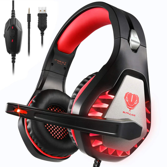 BUTFULAKE Gaming Headset - Noise Cancelling Over Ear Headphones with Mic, Bass Surround, Red, Compatible with PS4, Xbox One, PC, PS5, Laptop, Switch