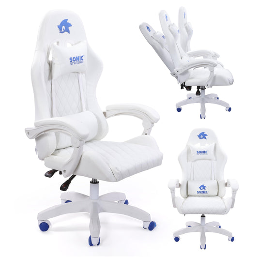 Sonic the Hedgehog Gaming Chair - fine PU Leather  Reclining Armrest  Class 4 Gaslift  Adjustable 90-135 Degrees  Stylish Design for Adults and Teens  260+ Lbs Capacity  Blue-White Caster