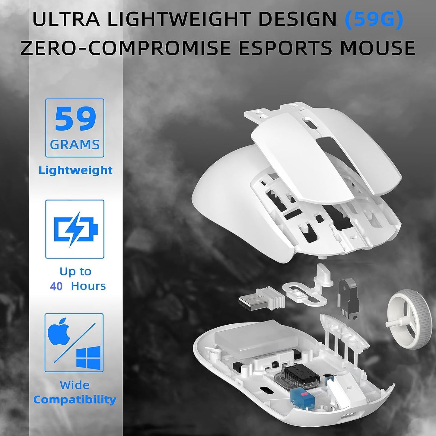 A.JAZZ AJ139 G Pro Wireless Gaming Mouse - Ultra-lightweight 59g, 26000DPI, Dual Mode, Ergonomic, Symmetric, White