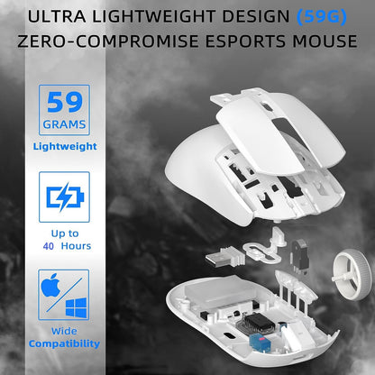 A.JAZZ AJ139 G Pro Wireless Gaming Mouse - Ultra-lightweight 59g, 26000DPI, Dual Mode, Ergonomic, Symmetric, White