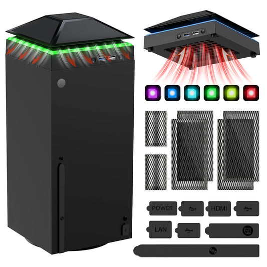 MENEEA Cooling Fan Dust Proof for Xbox Series X Console with Colorful Light Strip Dust Cover Filter Rubber Dust Plugs Low Noise Top Fan with 3 Gears Cooler&Light Independent Touch Switch  2 USB Port