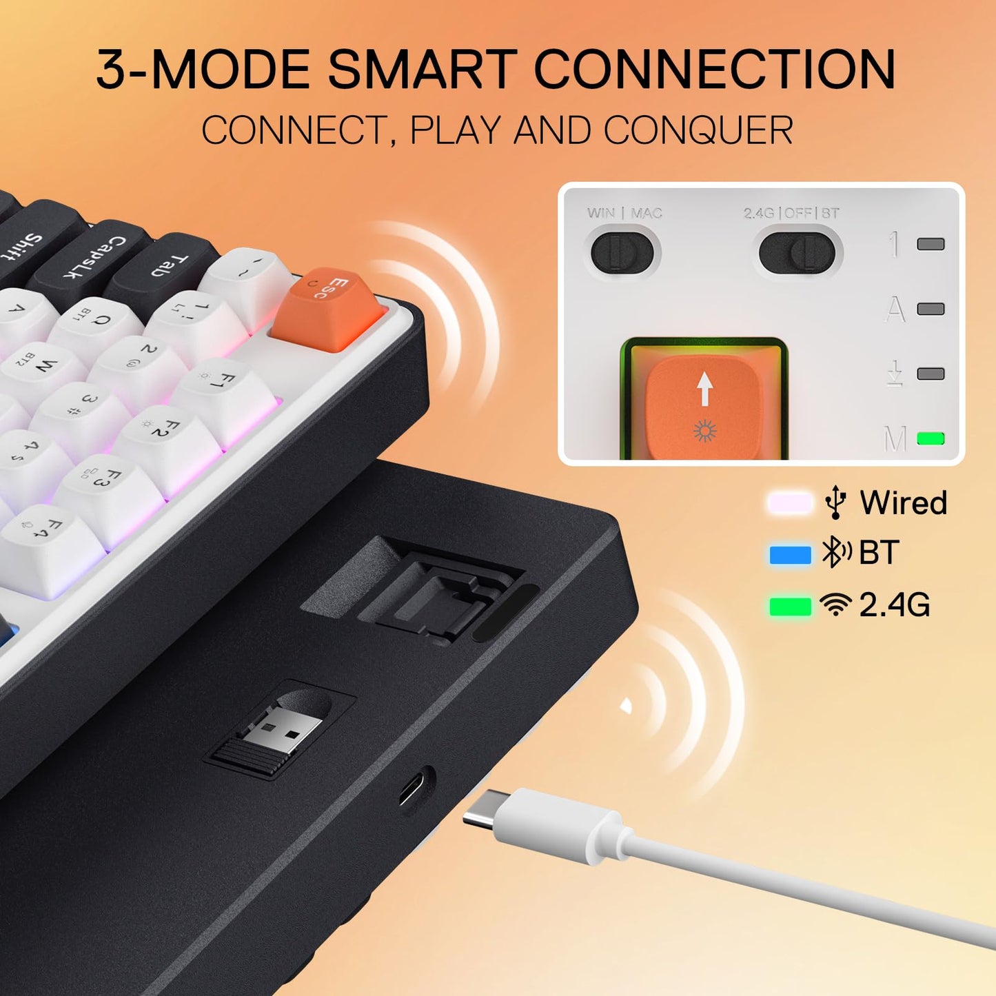 Redragon K689 PRO Wireless RGB Mechanical Keyboard - 108 Keys, Hot-swappable, Round PBT Keycaps, Black Tangerine