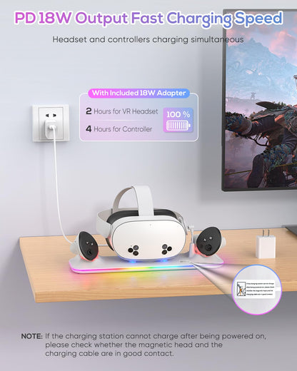 Kinwin Charging Dock for Meta Quest 3S, Fast PD 18W Station with RGB Light, Magnetic Stand, 2 Rechargeable Batteries, Black