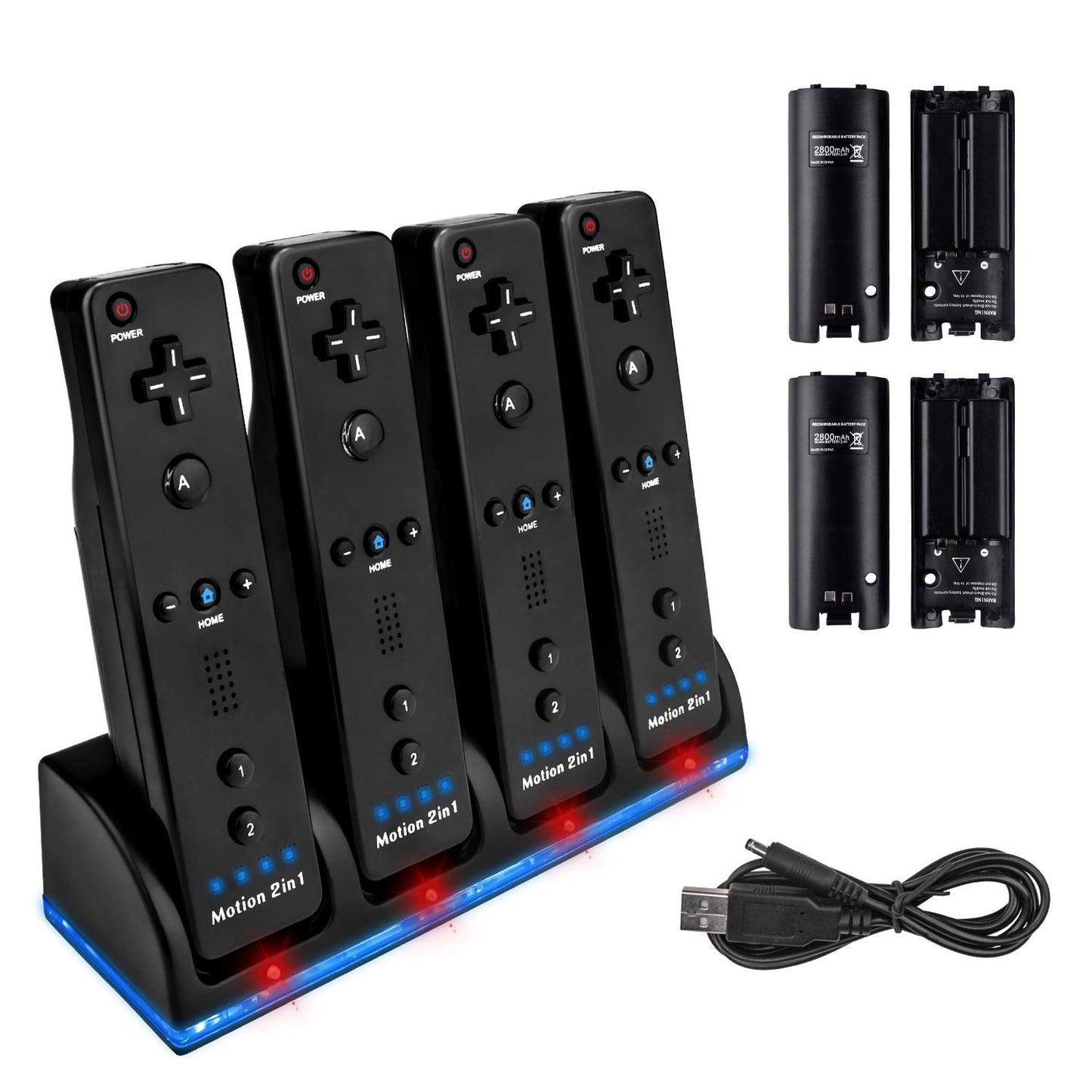 TechKen Wii Remote Charger Dock with 4 Rechargeable Batteries - Black, 4 Ports