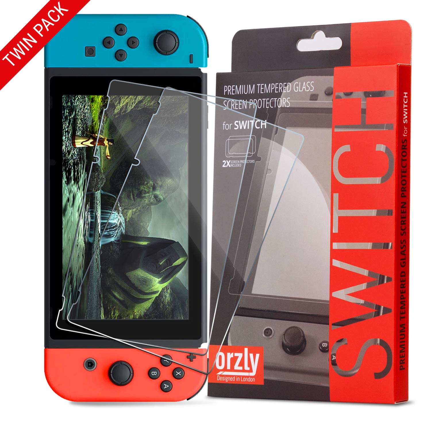 Orzly Glass Screen Protectors Compatible with Nintendo Switch - fine Tempered Glass Screen Protector Twin Pack [2X Screen Guards - 0.24mm] for 6.2 Inch Tablet Screen on Nintendo Switch Console
