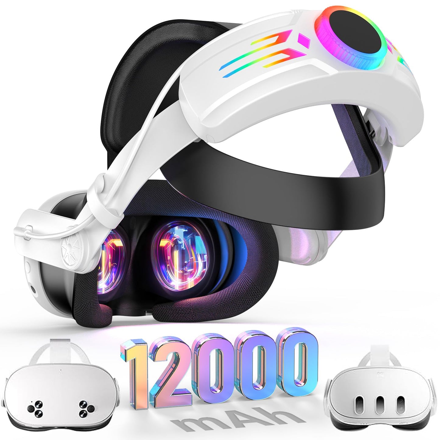 BROKELIT RGB Head Strap with Battery for Meta Quest 3S/Quest 3  12000mAh Battery Pack for Extended 8H of Playtime  Fast Charging VR Power  Adjustable fine design Strap Enhanced Support and Balance in VR
