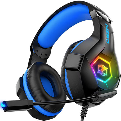 Ozeino Gaming Headset - 7.1 Surround Sound, Noise Cancelling Mic, RGB Light, Over Ear - Black Blue - Compatible with PC, PS4, PS5, Xbox Series X
