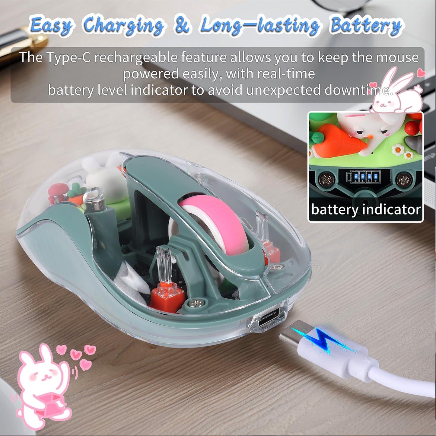 elec Space Wireless USB C Mouse - Bluetooth, Rechargeable, Silent - Green Cartoon Design for Laptops, iPads & MacBook Air/Pro
