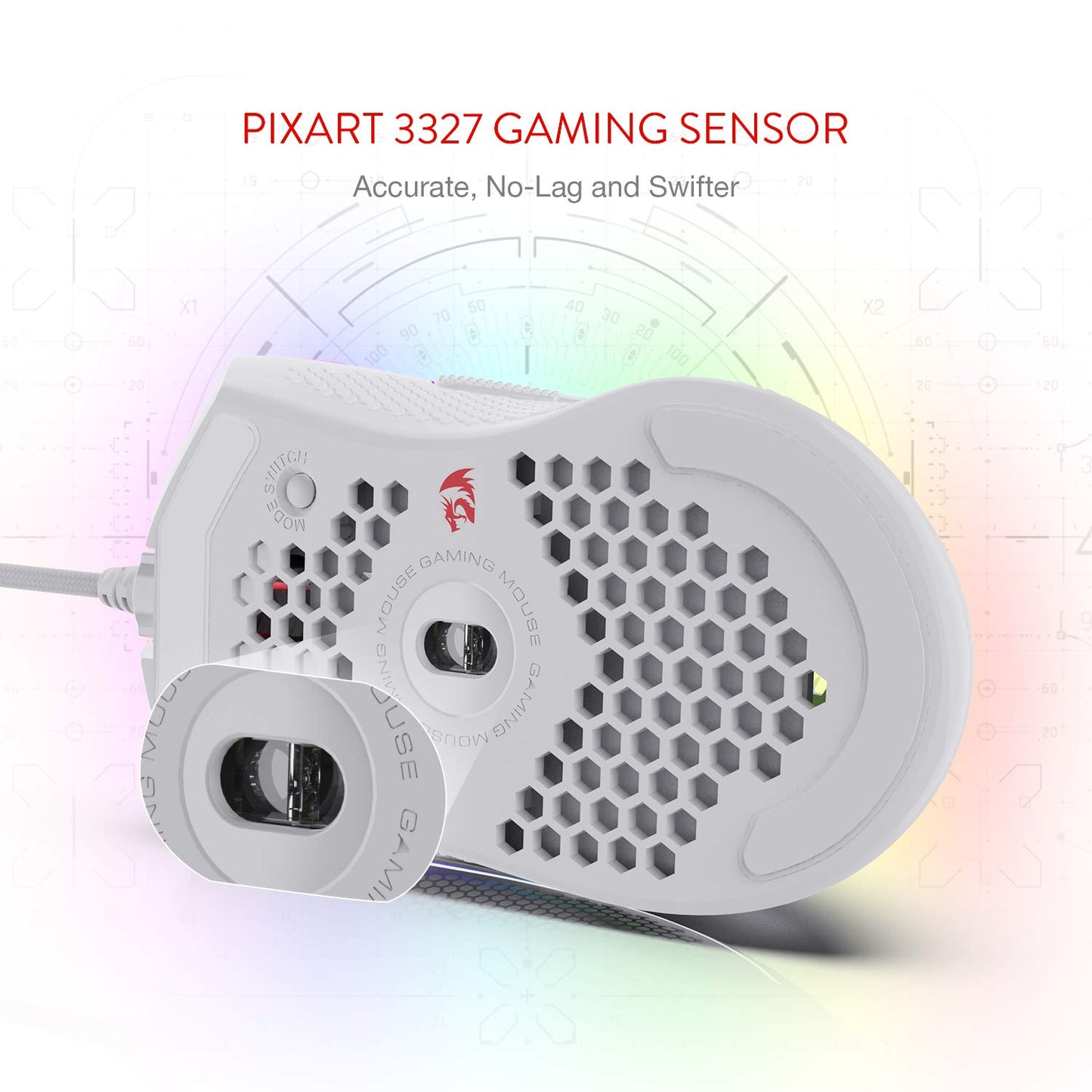 Redragon M808 Storm RGB Gaming Mouse - 12,400 DPI, 7 Buttons, Ultralight 85g, White