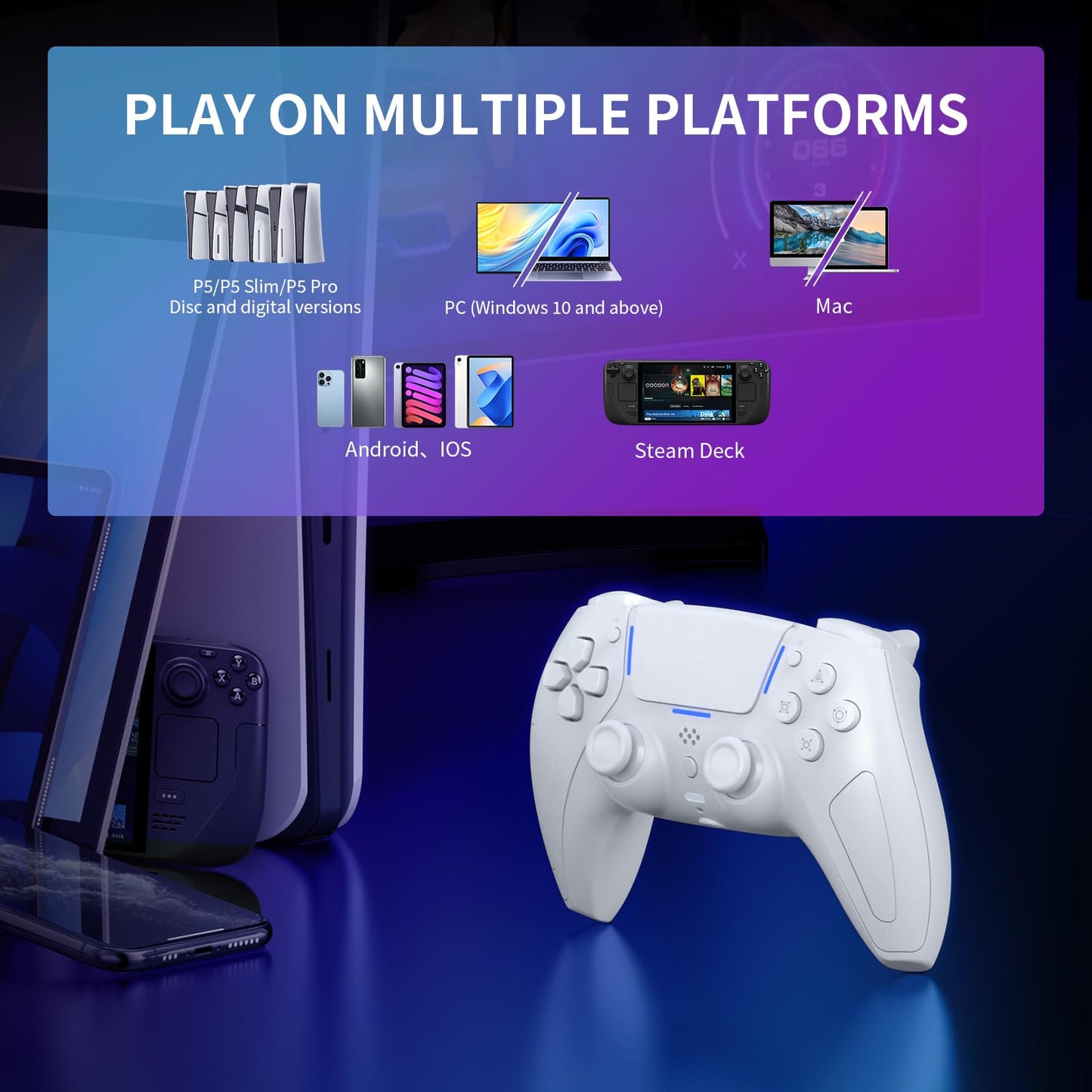 JDDWIN Wireless Gaming Controller for PS5/Android/PC - Bluetooth, Dual Vibration, LED Lights, Hall Effect Joystick, Model P5148, Black