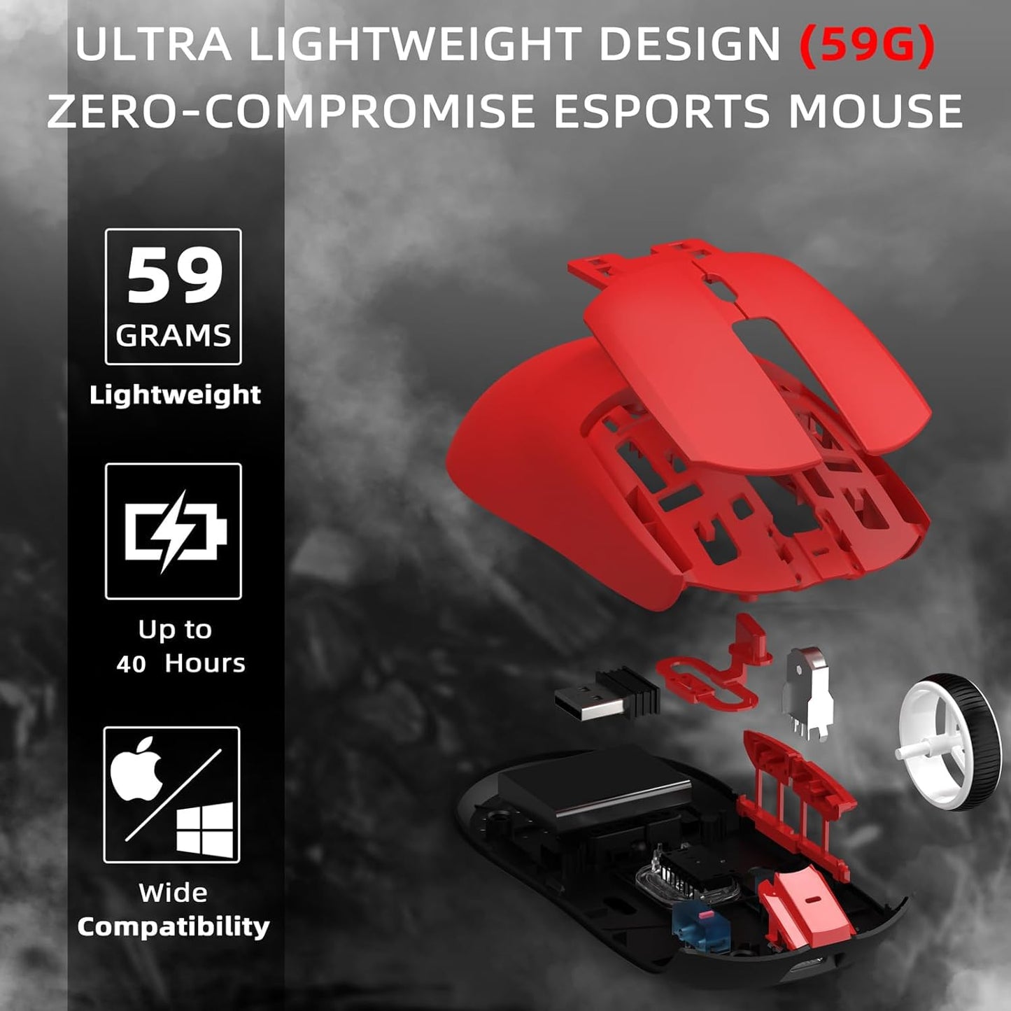 A.JAZZ AJ139 G Pro Wireless Gaming Mouse - Ultra-Lightweight 59g, Dual Mode Type-C Wired/2.4GHz USB, 26000DPI, Ergonomic, Red