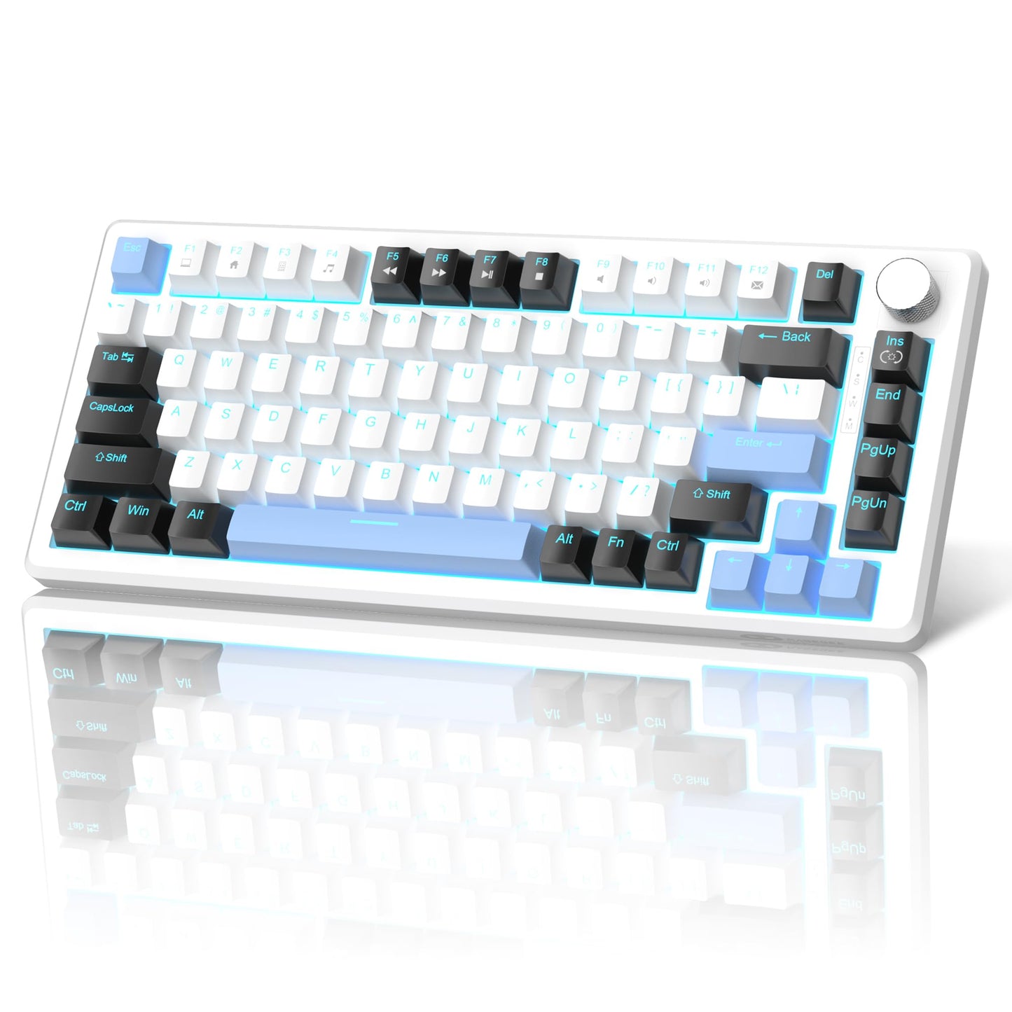 MageGee 75% Mechanical Gaming Keyboard  Compact Blue Backlit Wired Gaming Keyboards with Brown Switches  EVA Foam  Knob Control  STAR75 Portable NKRO PC Gaming Keyboard - White & Blue