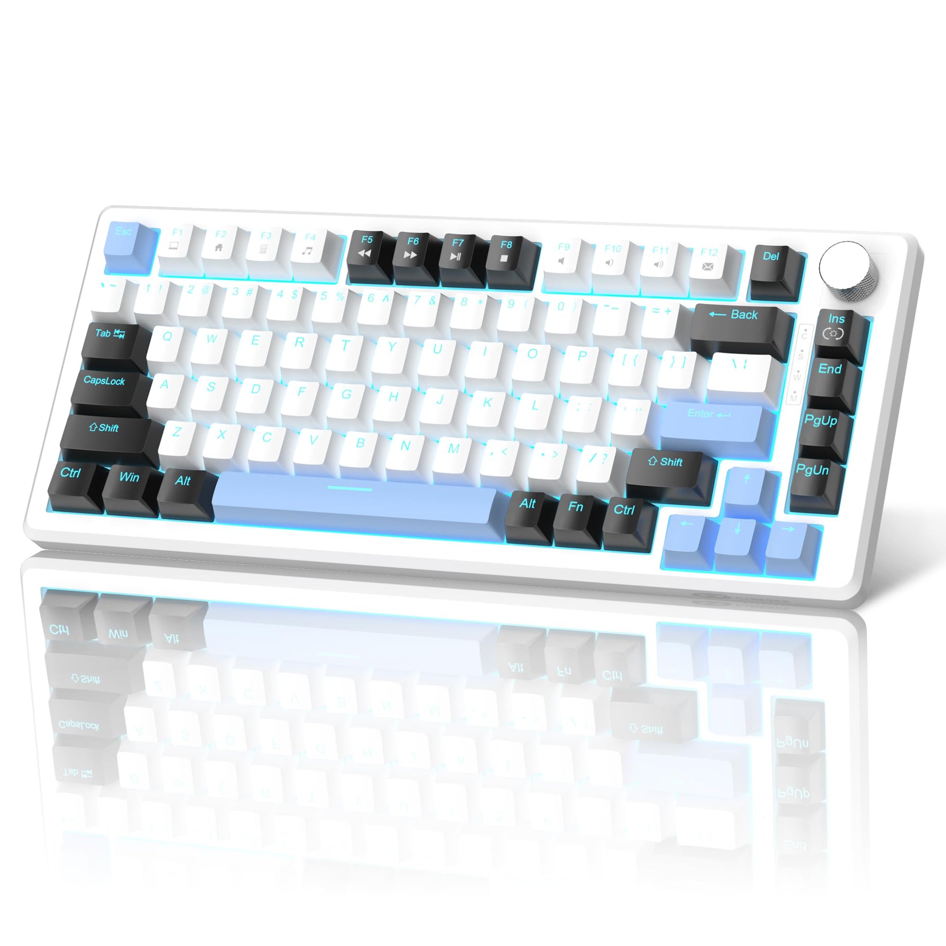 MageGee 75% Mechanical Gaming Keyboard  Compact Blue Backlit Wired Gaming Keyboards with Brown Switches  EVA Foam  Knob Control  STAR75 Portable NKRO PC Gaming Keyboard - White & Blue