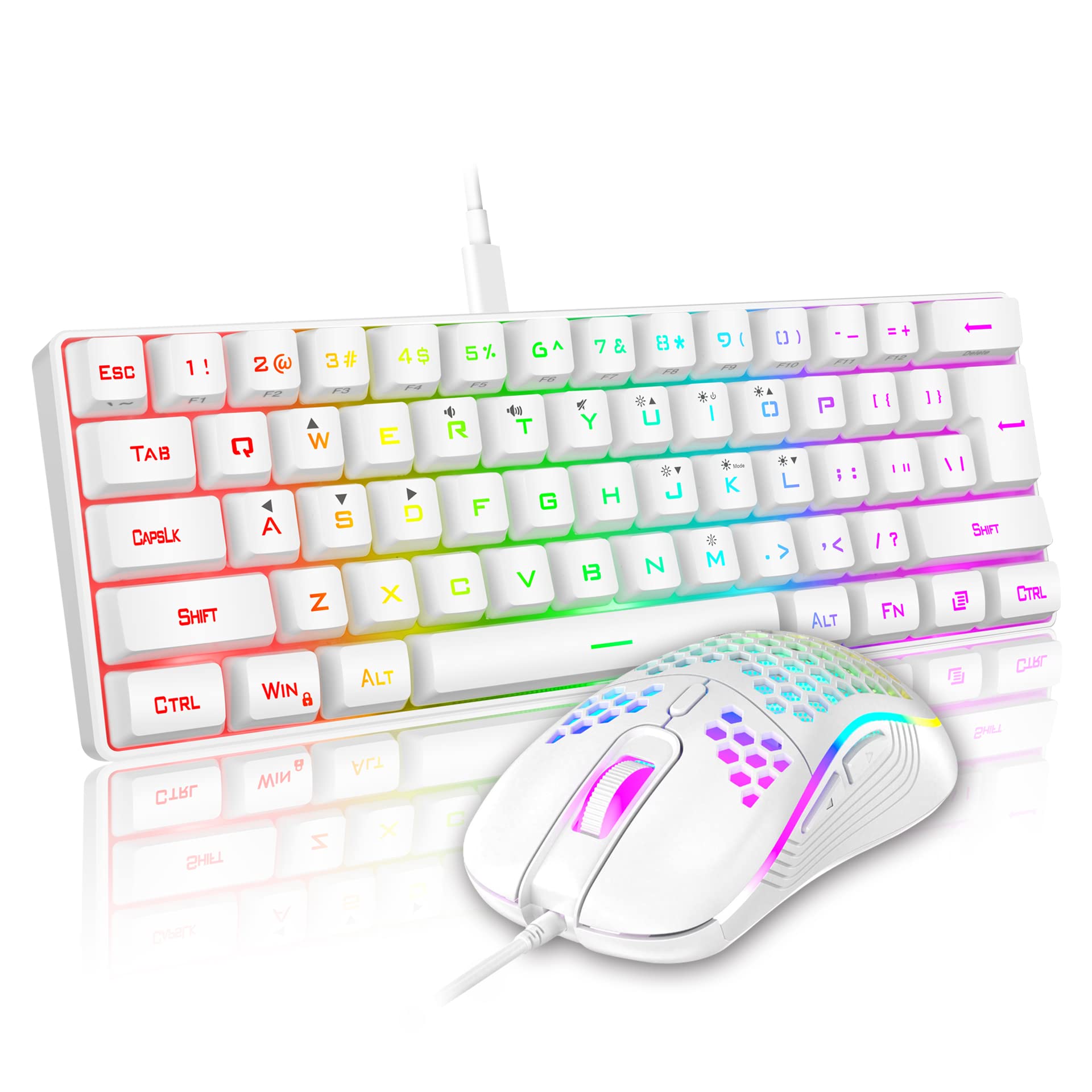 RedThunder 60% Mini Gaming Keyboard & Mouse Combo, RGB Backlit, 7200 DPI, Wired, Ultra-Compact, White