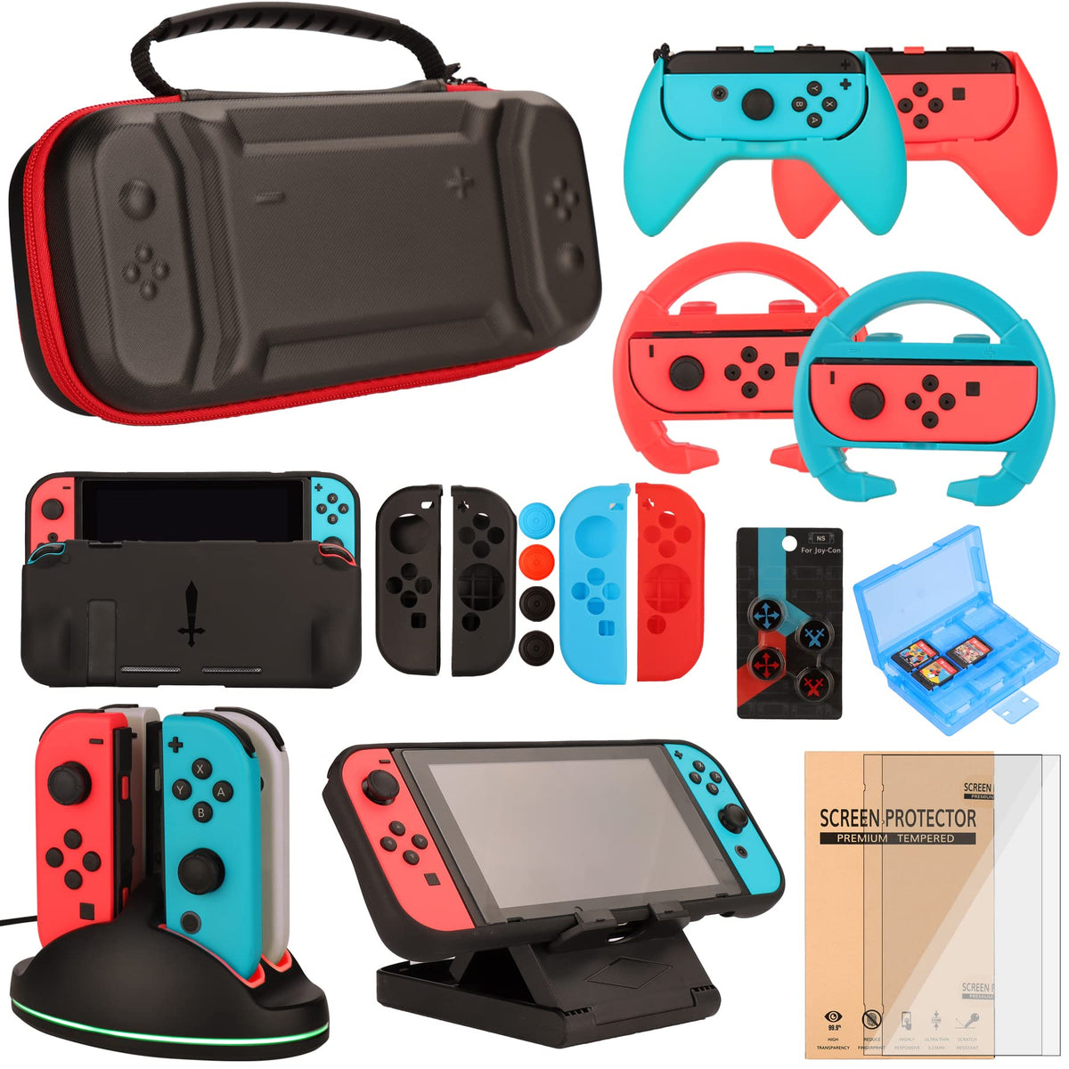 Switch Accessories Bundle for Nintendo Switch Games  Kit with Carrying Case  Steering Wheels  Screen Protectors  Charging Dock  Grips  Caps (23 in 1)