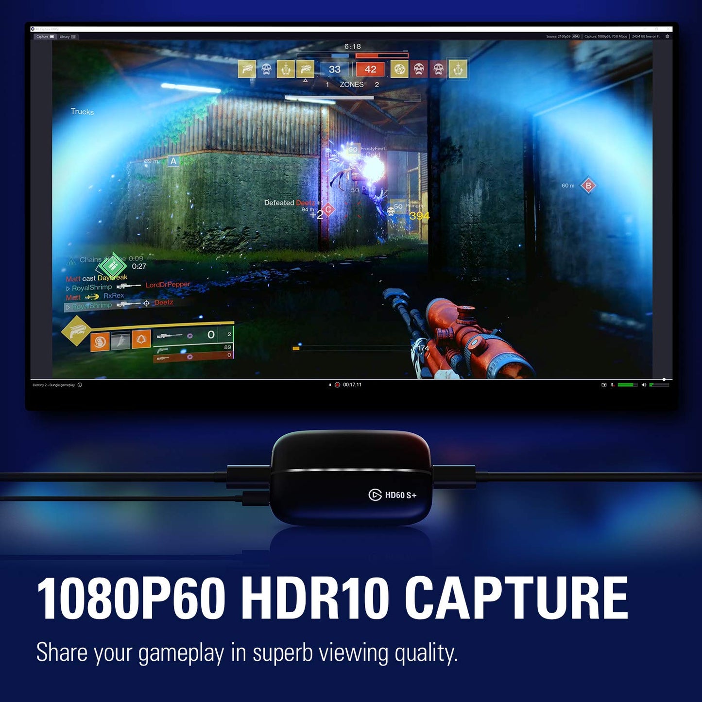 Elgato HD60 S+ External Capture Card - 1080p60 HDR10/4K60 HDR10 - Ultra-Low Latency - Black - Model 10GAR9901