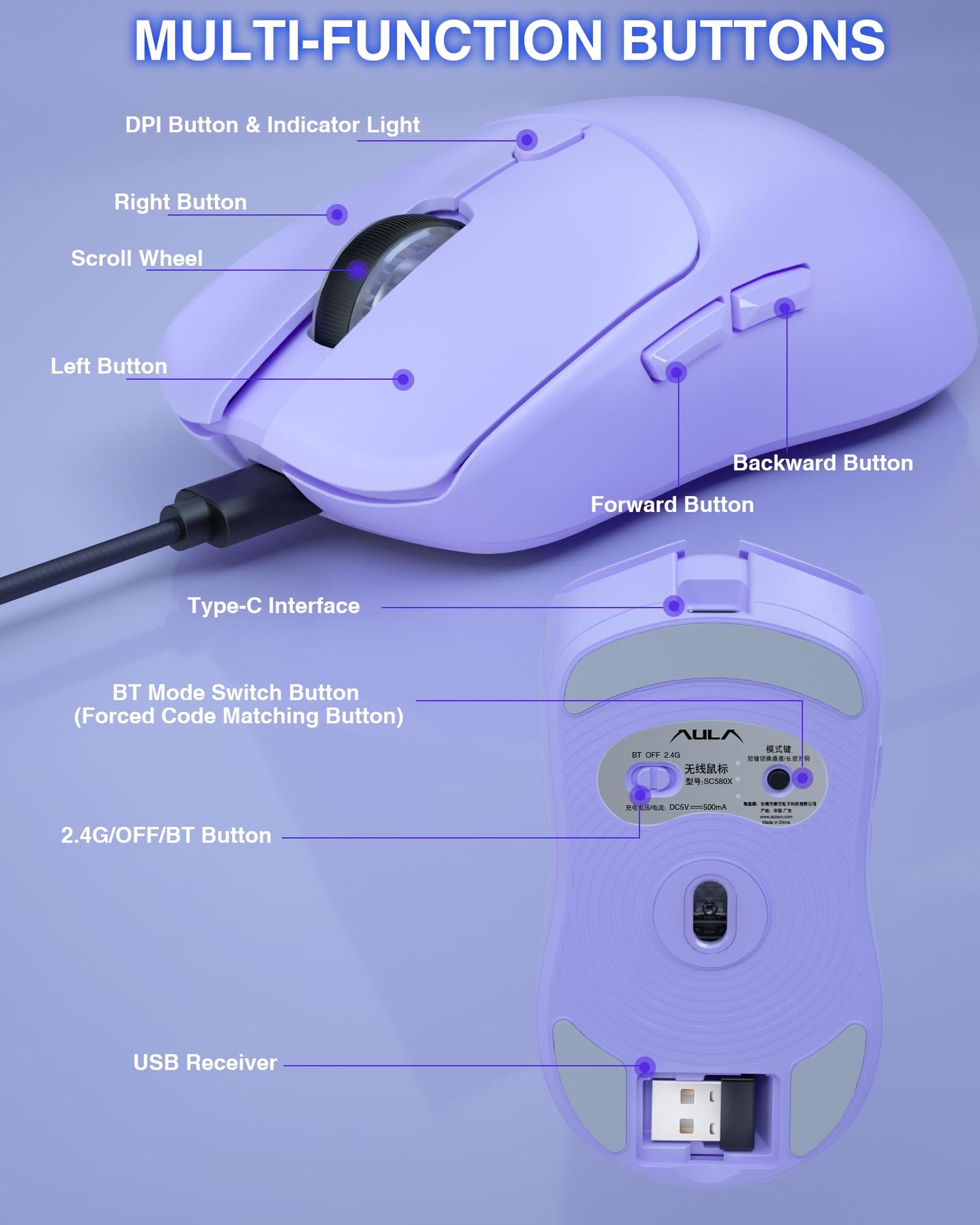 AULA SC580X Wireless Gaming Mouse - Tri-Mode 2.4G/BT5.0/USB-C, 12000 DPI, Light Purple, Rechargeable, 6 Programmable