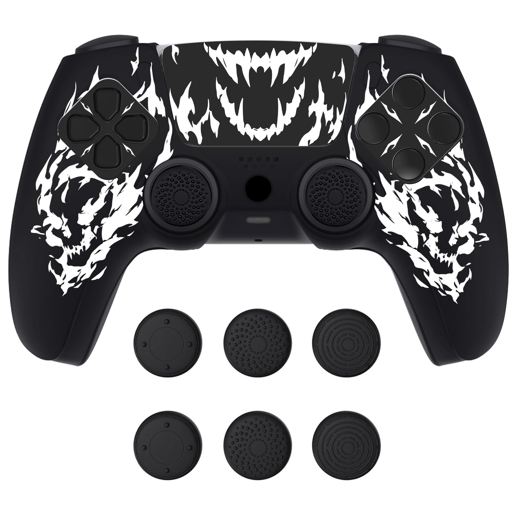 PlayVital Design for PS5 Controller Skin Cover Fit with Charging Station - Anti-Slip Silicone Controller Grip Case for PS5 with 6 Thumb Grip & Sticker  Pure Series Dockable Model - Carving Fire Skull