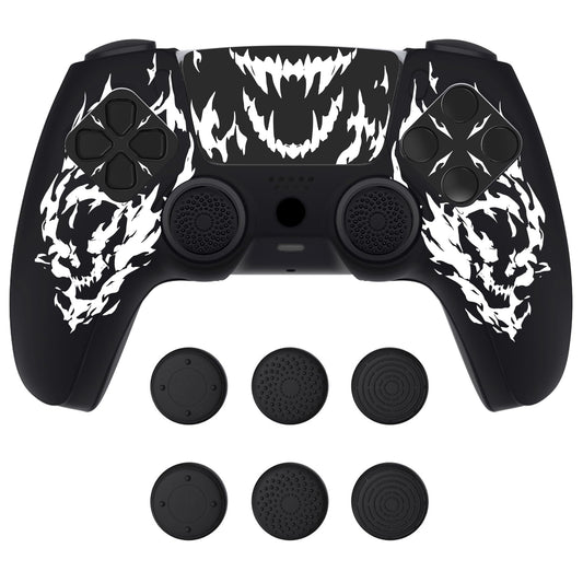 PlayVital Design for PS5 Controller Skin Cover Fit with Charging Station - Anti-Slip Silicone Controller Grip Case for PS5 with 6 Thumb Grip & Sticker  Pure Series Dockable Model - Carving Fire Skull