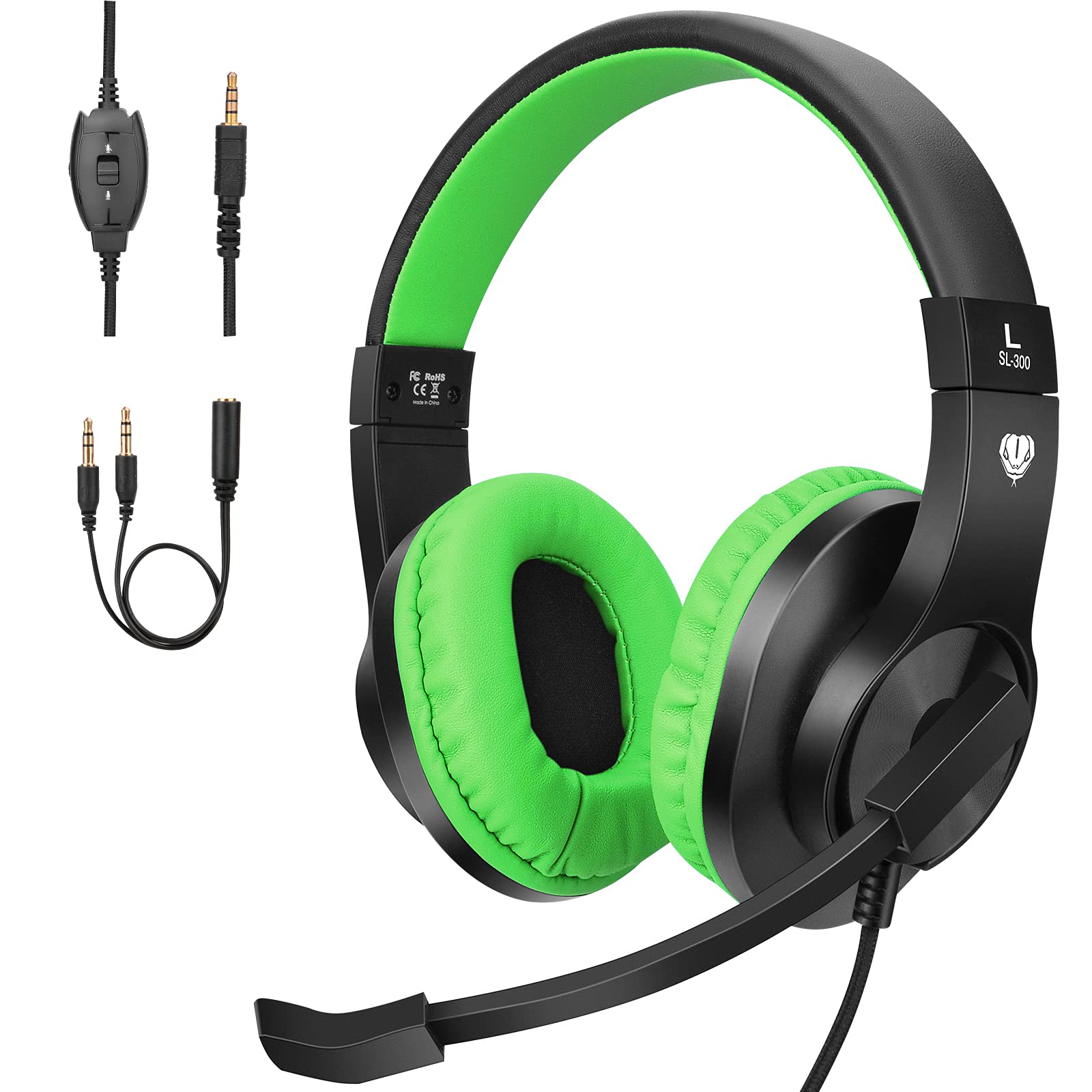 BlueFire Over-Ear Kids Headphones with Microphone, Volume Control, 3.5mm Jack, Green, Model CW63BF for Gaming and Online School