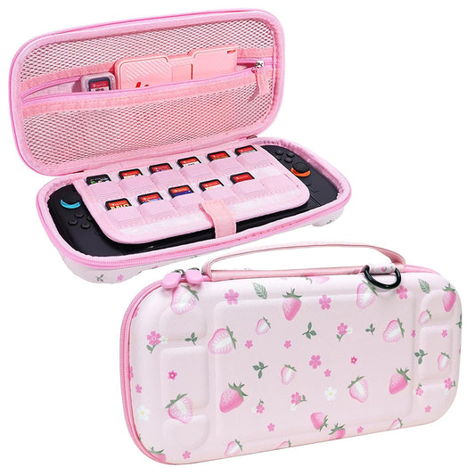 FIWWAT Protective Case for Nintendo Switch 2  Protable Carrying Case for Console and Accessories  12 Game Card sections  Large Capacity Cute Tpartyl Bag and Shoulder Strap for Girls  Pink Strawberry
