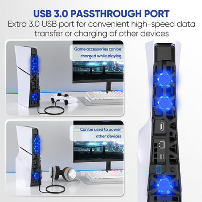 Klipdasse PS5 Slim Cooling Fan with RGB Light, Temperature Control, USB 3.0 Hub - Efficient & Quiet for PS5 Slim Disc/Digital