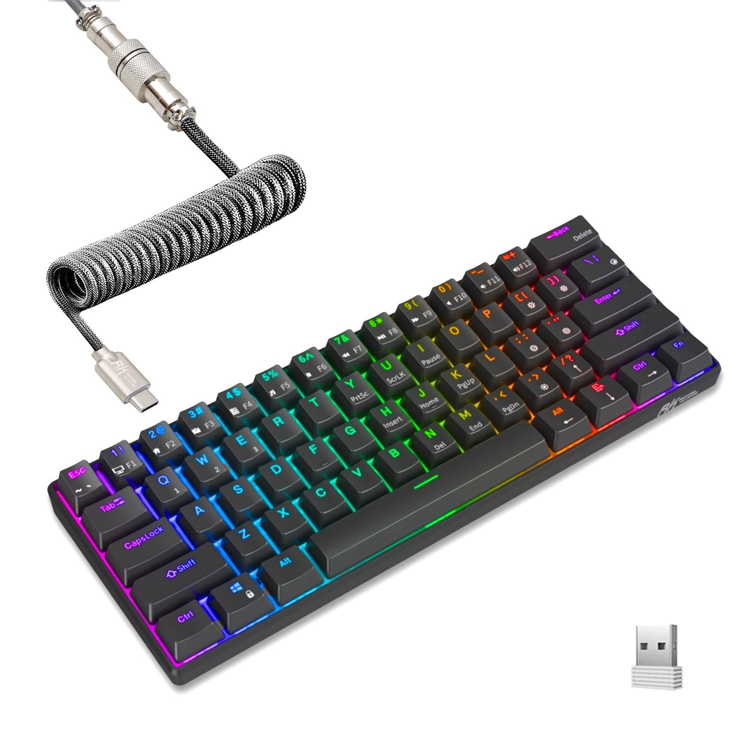 RK ROYAL KLUDGE RK61 60% Mechanical Keyboard, Hot-Swappable Brown Switch, RGB, Wireless/Bluetooth, Black, Model 01-001-061-00-02