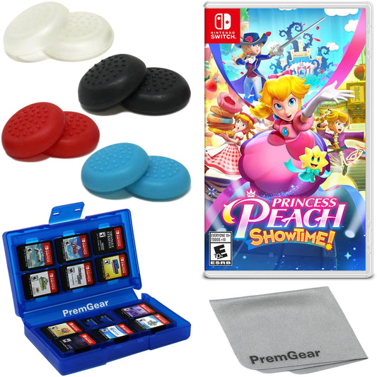 Princess Peach: Showtime! for Nintendo Switch (US Version)  with PremGear Thumb Grips (8 pack - Black  Blue  Red & Clear)  24 Slot Game Card Holder & Cleaning Cloth