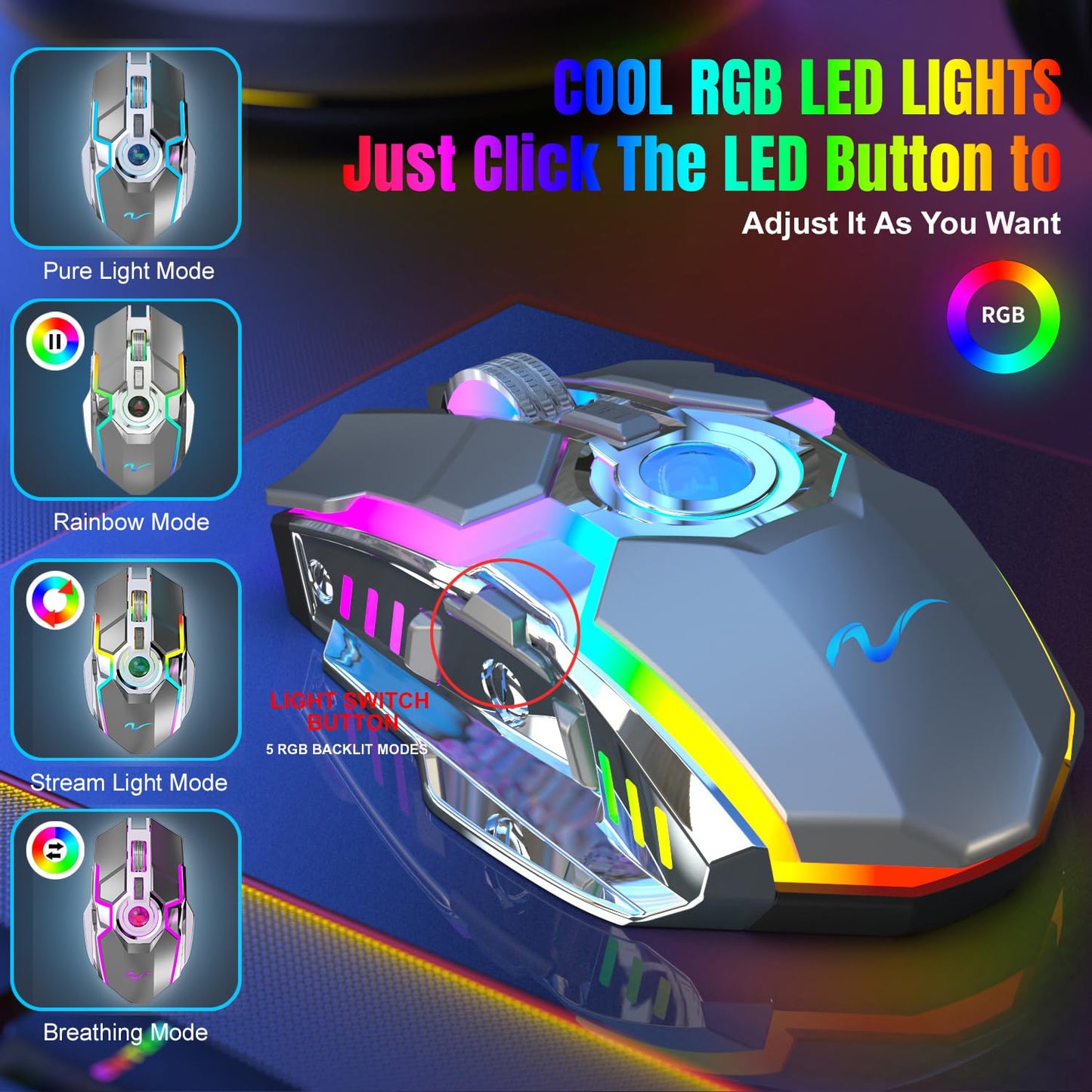 HXMJ Rechargeable Wireless Gaming Mouse - Z30 Gray, USB Receiver, Medium Size, Decompress Crystal Ball Design