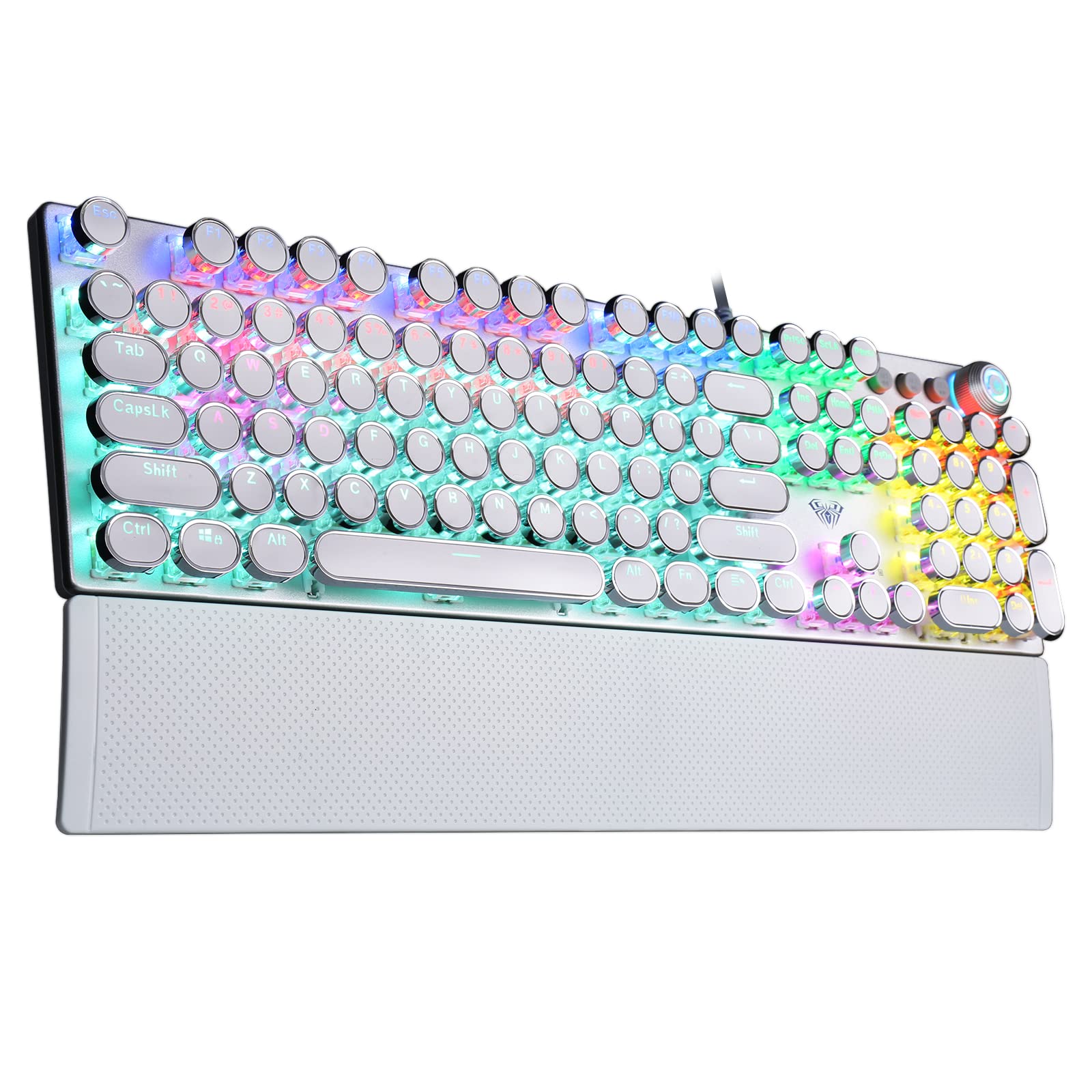 AULA F2088 Typewriter Mechanical Keyboard  White Retro Wired Gaming Keyboard with Blue Switches  Rainbow Backlit  Round Keycaps  Media Knob & Removable Wrist Rest