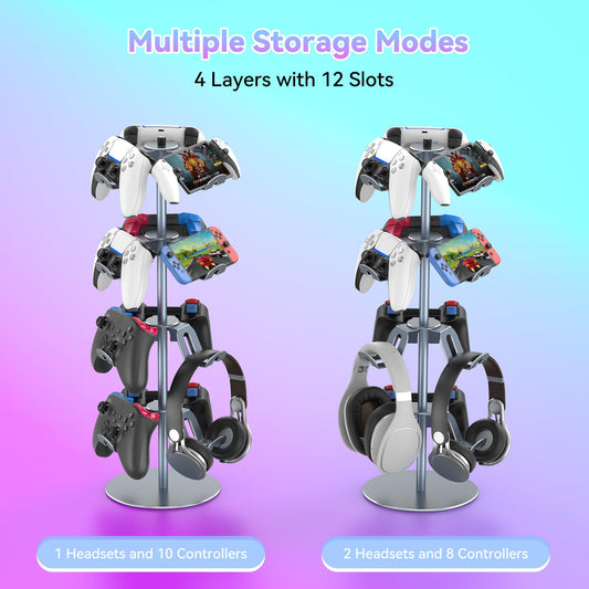 DGPCT 4-Tier Rotatable Game Controller Stand for PS5, Xbox, Nintendo Switch - Grey Aluminum Alloy Headset Holder Organizer